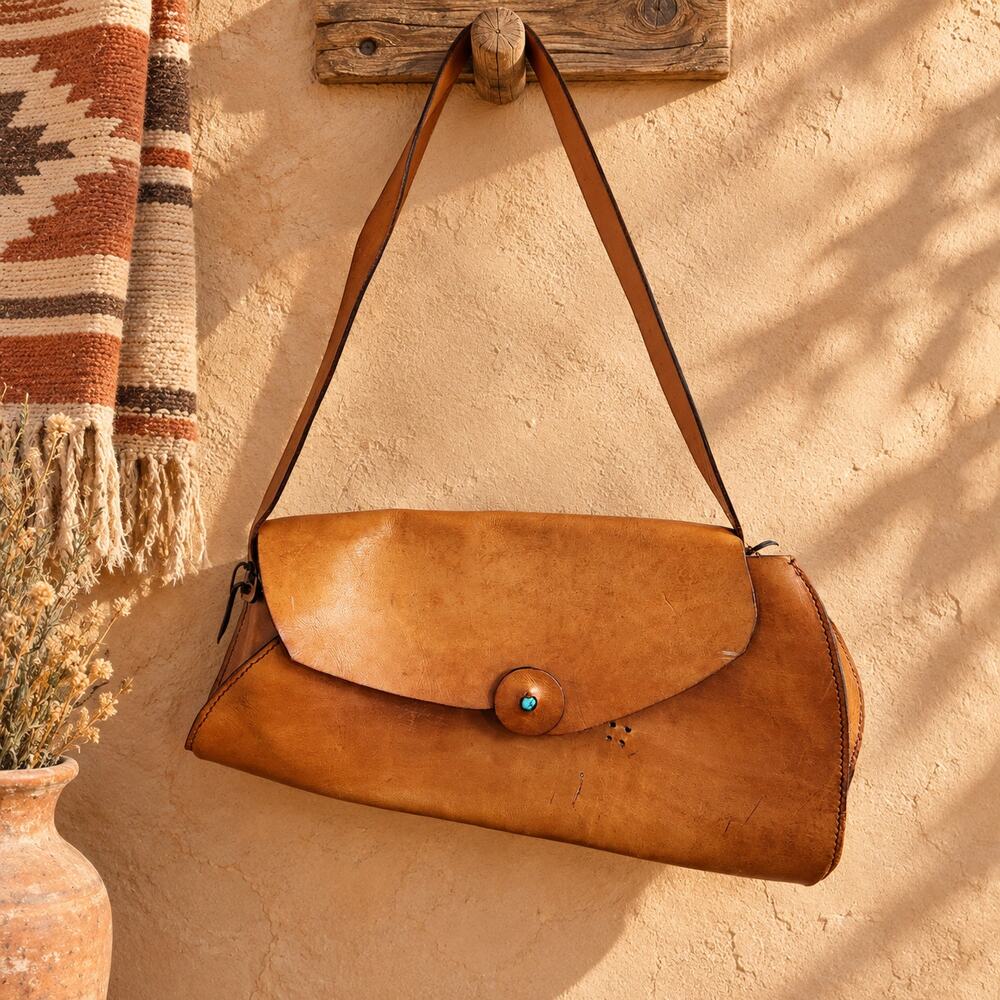Wabag Large Leather Handmade Shoulder Bag Turquoise Concho Clasp Boho Western